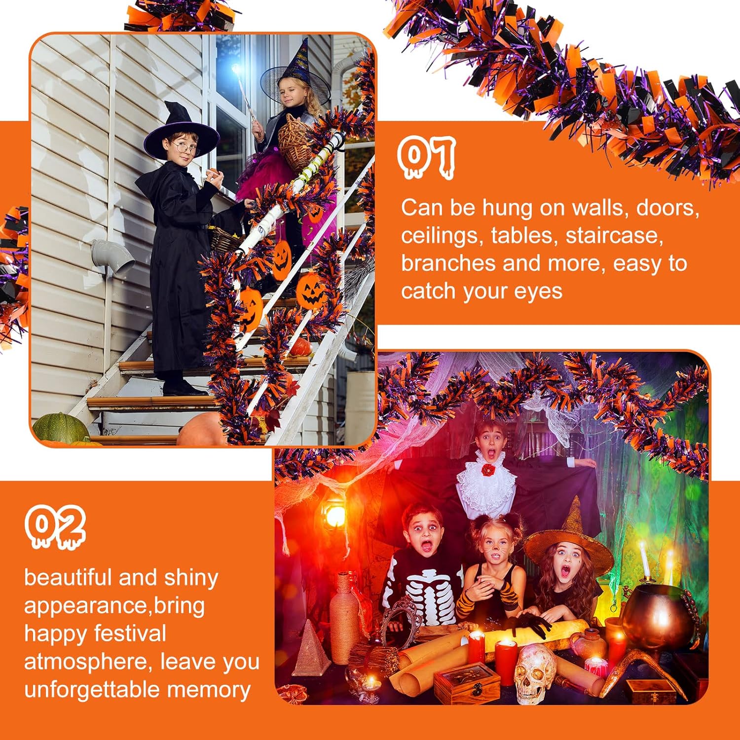 Guirnalda de oropel de Halloween de 12 piezas de 79 pies con diseño metálico brillante para colgar, colores mezclados, negro, naranja y morado, para