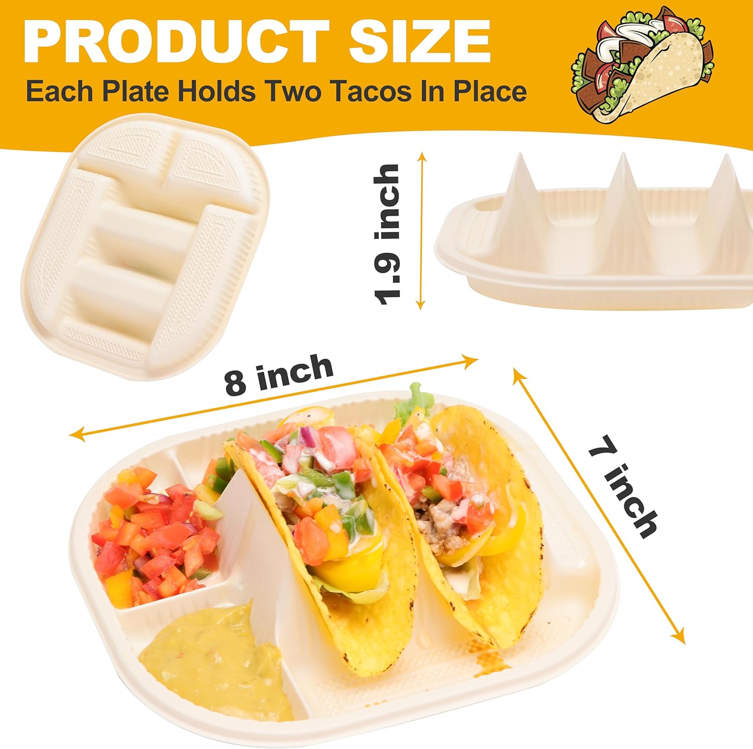50 platos desechables pequeños para tacos para fiestas, soportes para tacos de almidón de maíz con 2 áreas de inmersión, capacidad para 2 tacos,