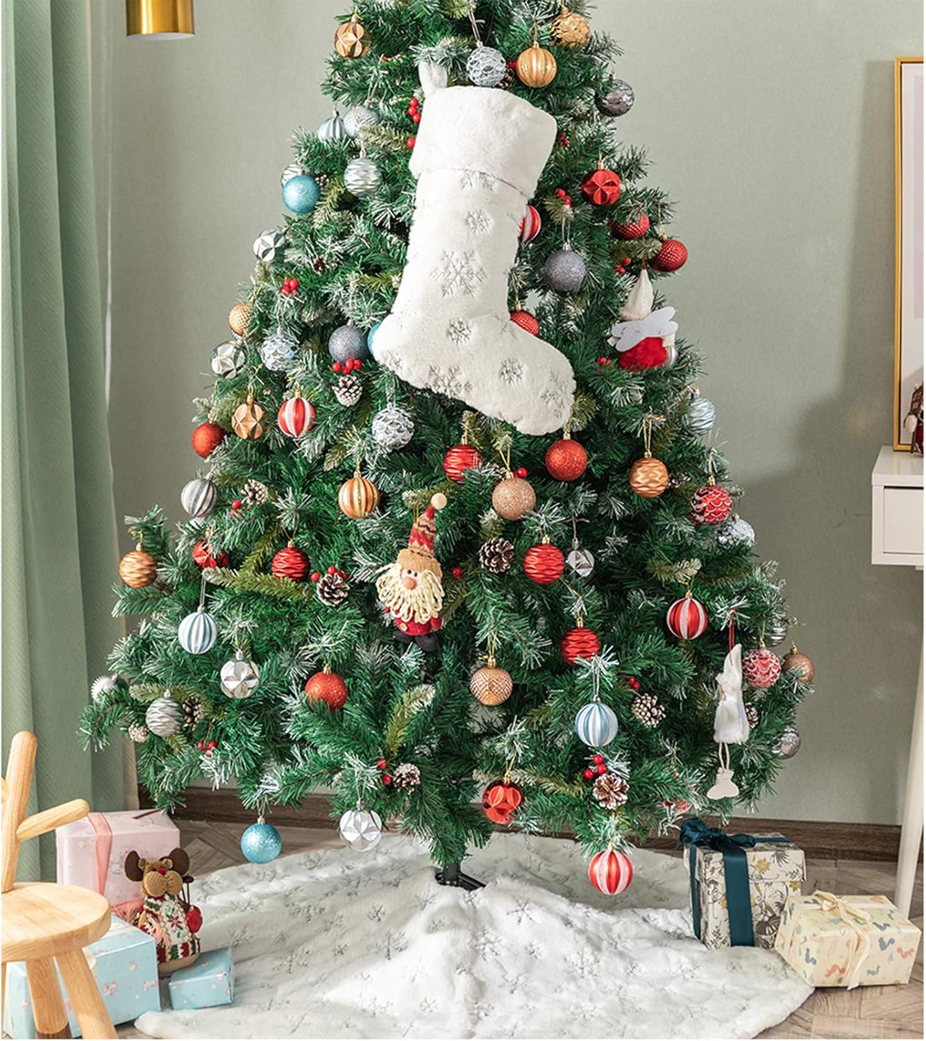 Faldones de felpa para árbol de Navidad, 30 pulgadas, de piel sintética blanca como la nieve, cubierta de base de árbol de Navidad con copos de