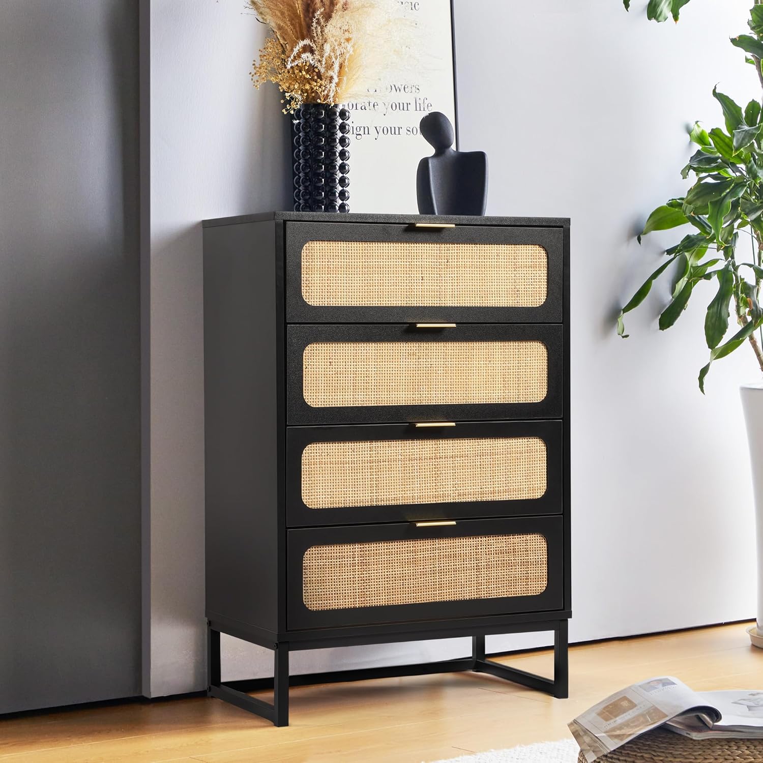 Cómoda de 4 cajones para dormitorio, cómoda de ratán, cómoda de armario, cómoda de almacenamiento de madera alta para sala de estar, dormitorio de