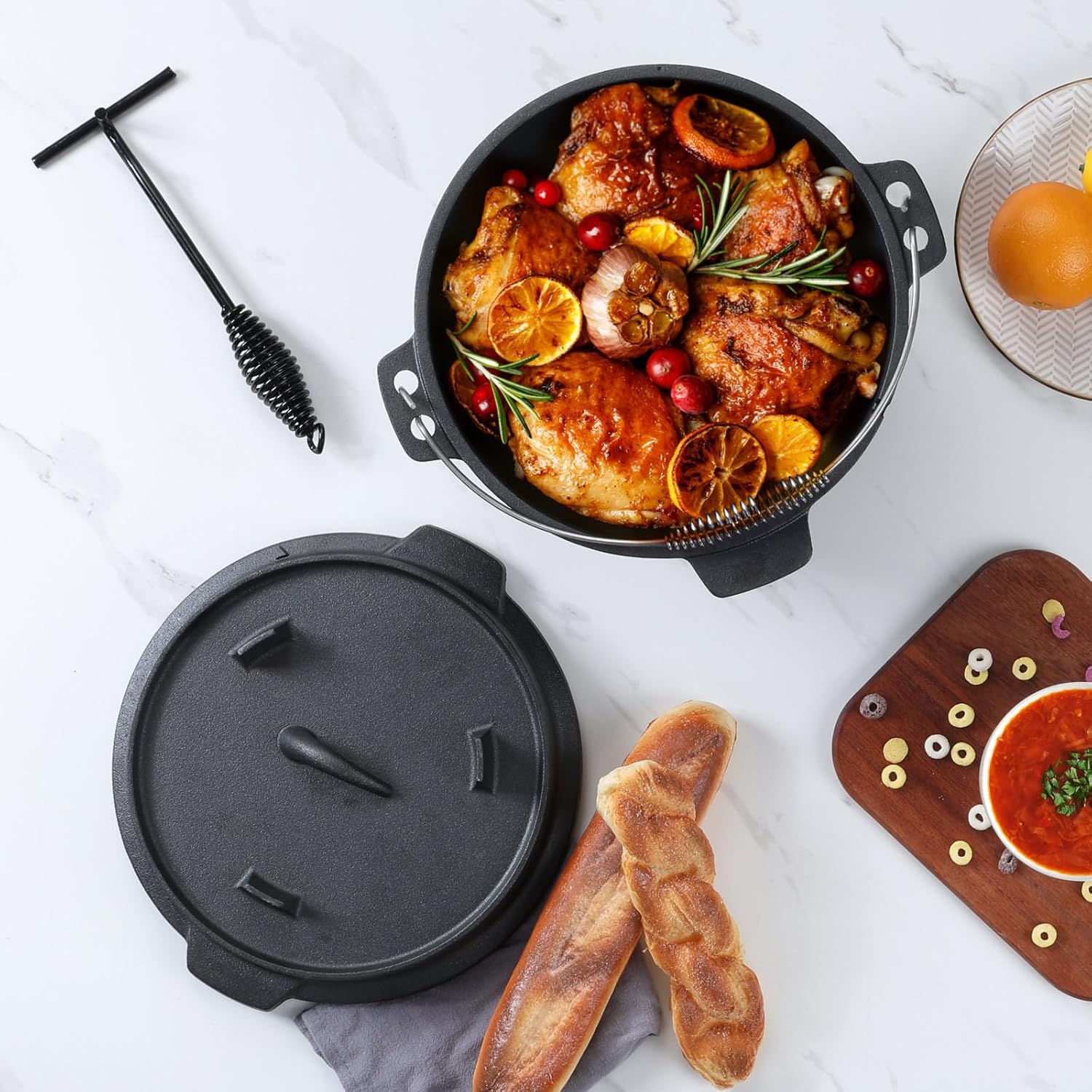 Leonyo Horno holandés de hierro fundido con tapa, horno holandés de 5 cuartos de galón con elevador de tapa, olla de hierro fundido 2 en 1 con mango