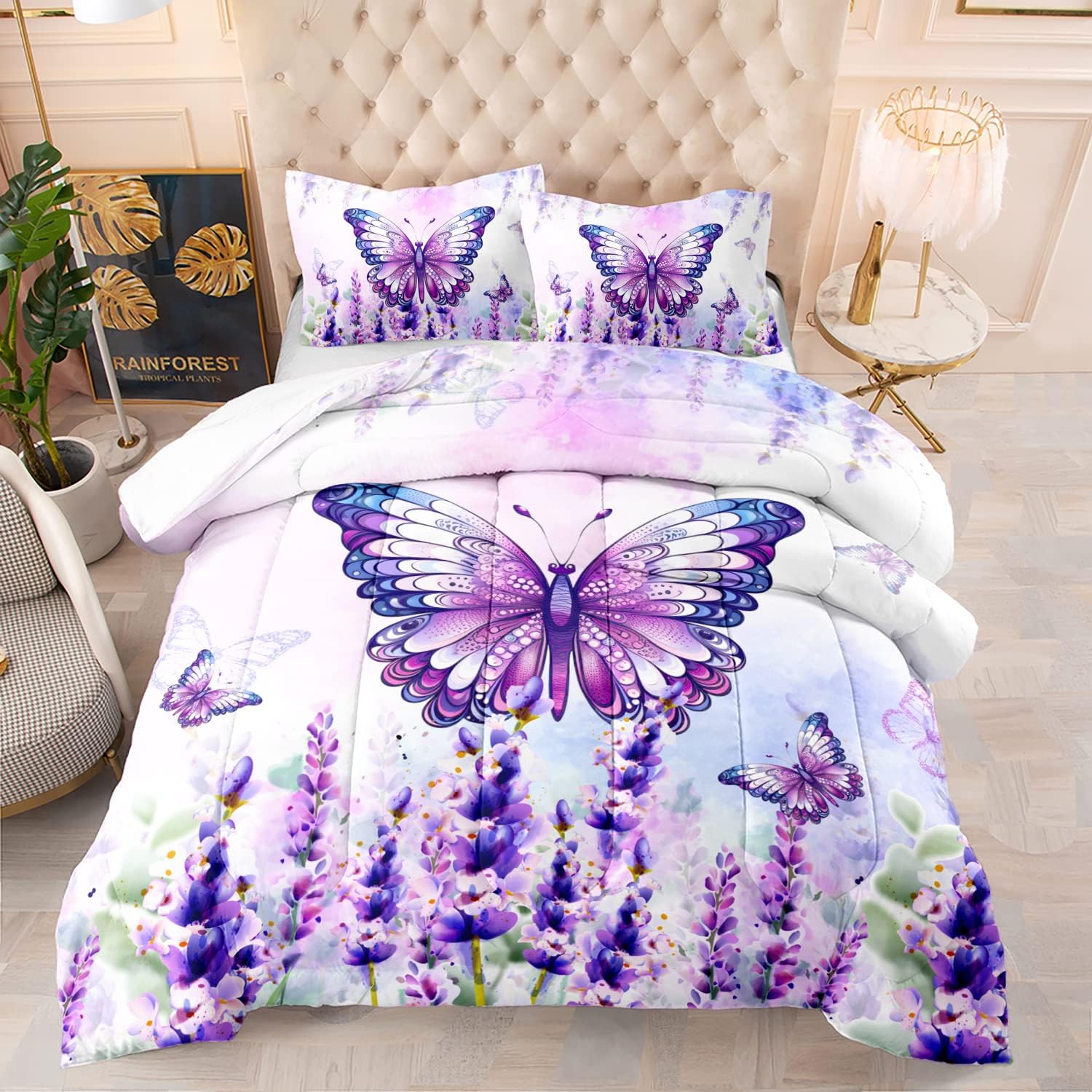 CVHOUSE Hermoso juego de edredón de mariposa, tamaño Queen, juego de ropa de cama con flores de lavanda floreciente y mariposa voladora, juego de