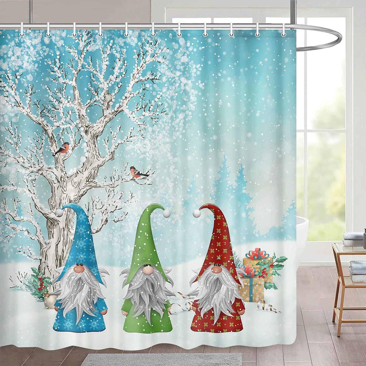 JAWO Cortina de ducha de gnomo de Navidad, árbol de bosque nevado, muñeco de nieve y cardenales, para invierno, Navidad, tela de poliéster