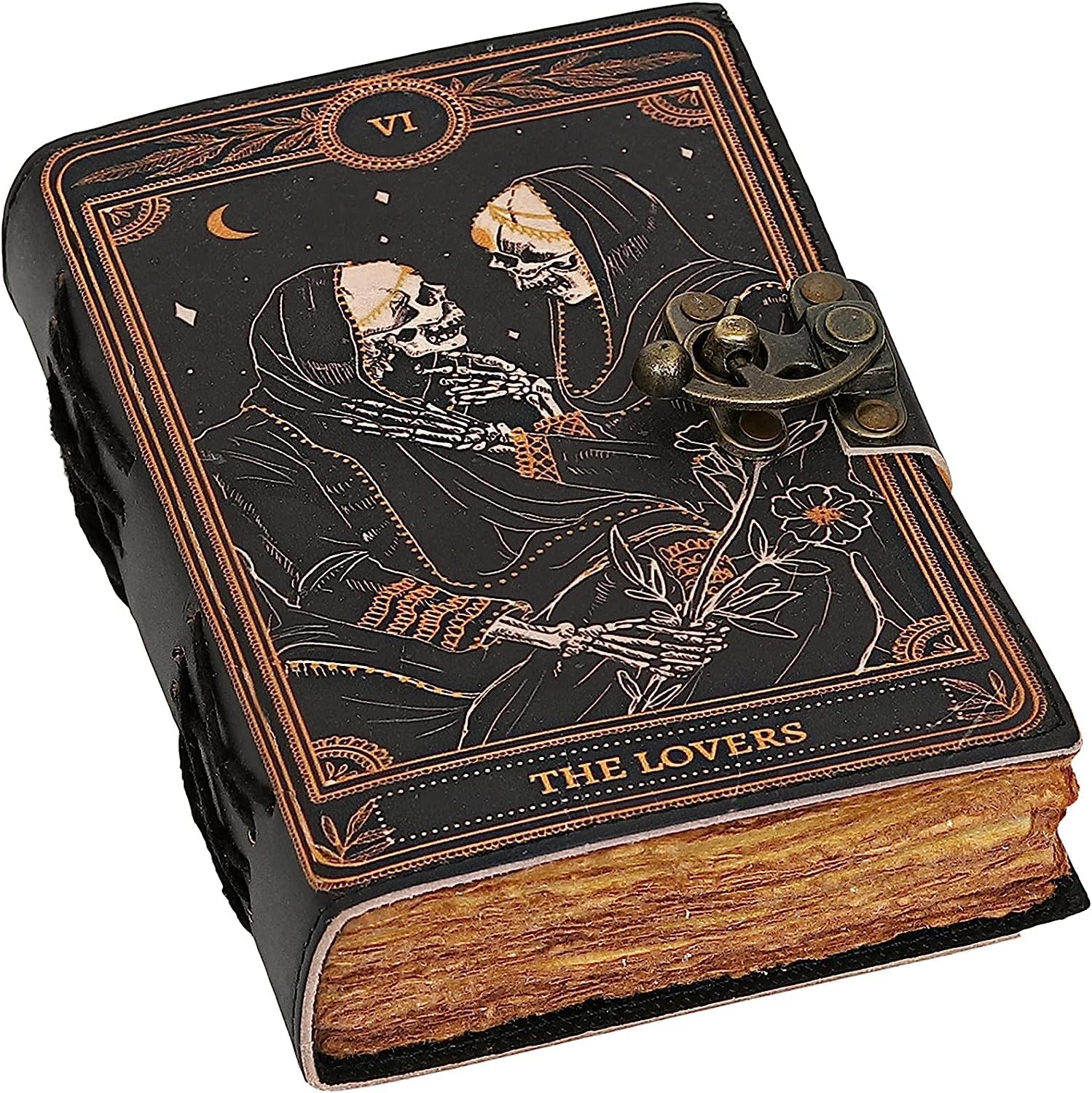 C CUERO Libro de hechizos Diario de cuero con borde deckle de papel Grimorio impreso diario The Lovers Tarot cuaderno espiral gótico para amantes de