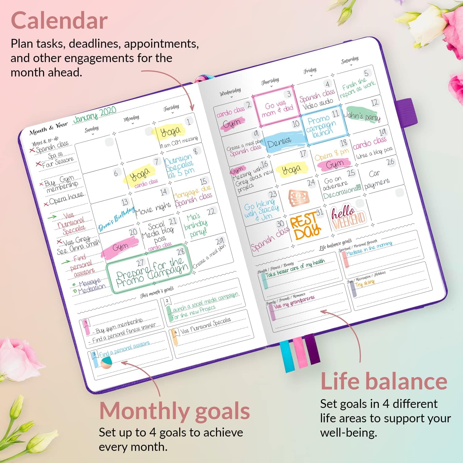 GoGirl Planner – Agenda y organizador para mujeres, sin fechas, comienza en cualquier momento, dura 1 año, 13.4 x 19.5 centímetros.