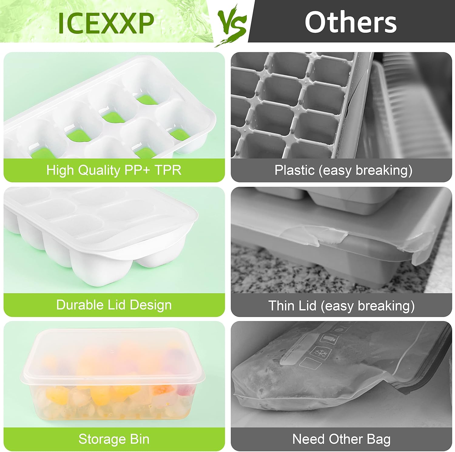 ICEXXP Paquete de 4 bandejas para cubitos de hielo con tapa y contenedor, bandejas de cubitos de hielo para congelador con caja de hielo, bandejas