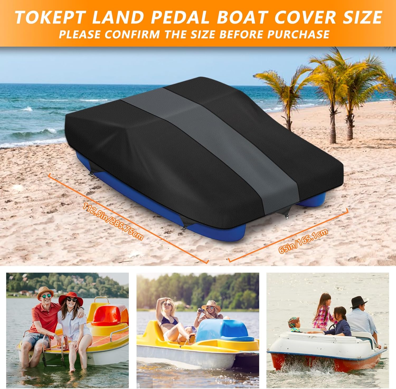 Tokept Funda para lancha con pedales, tela Oxford impermeable 210D resistente, 112.5 pulgadas de largo x 65 pulgadas, apta para 3 a 5 personas,