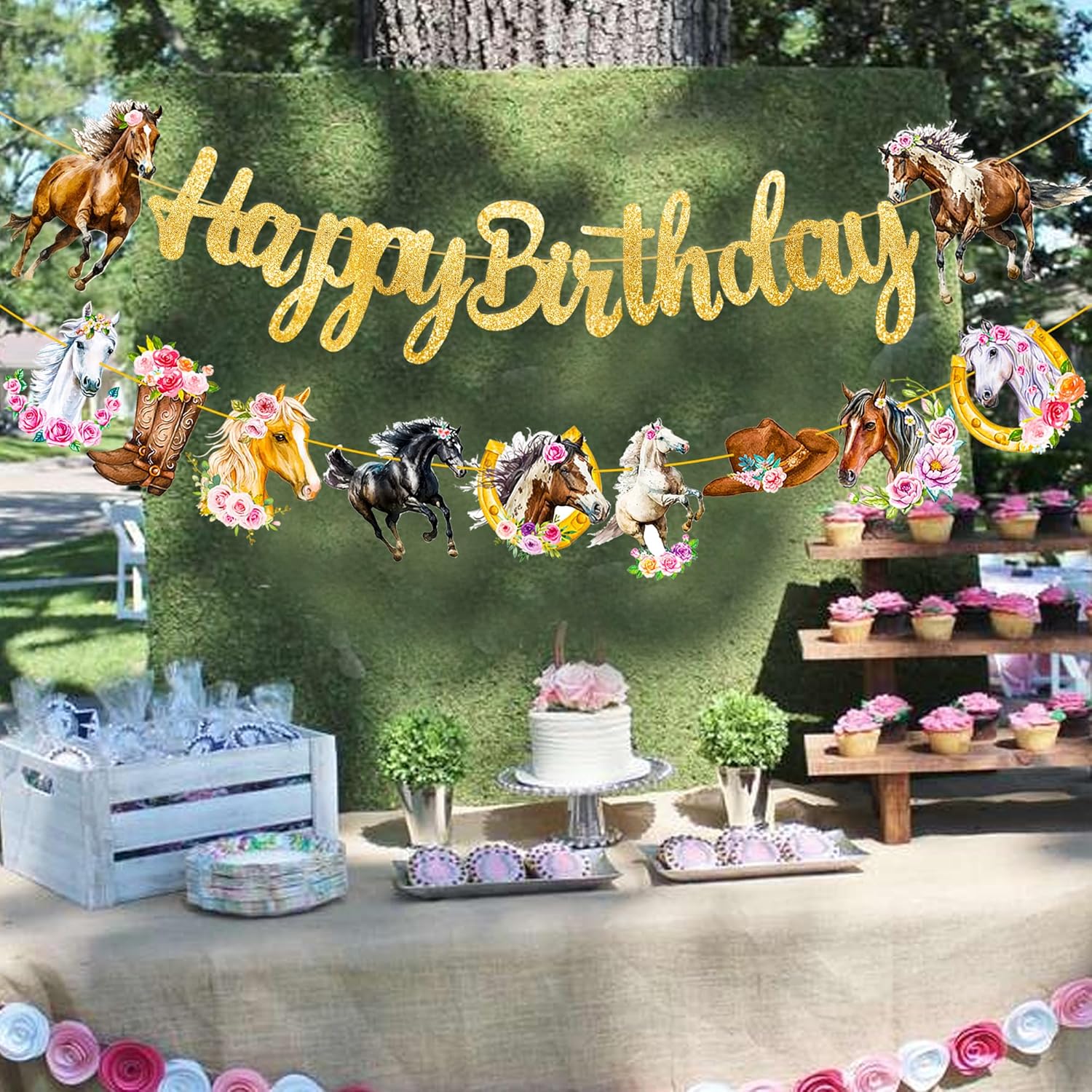Cartel de feliz cumpleaños de vaquera, suministros para fiesta de cumpleaños de vaquera, suministros con purpurina con temática de vaquera