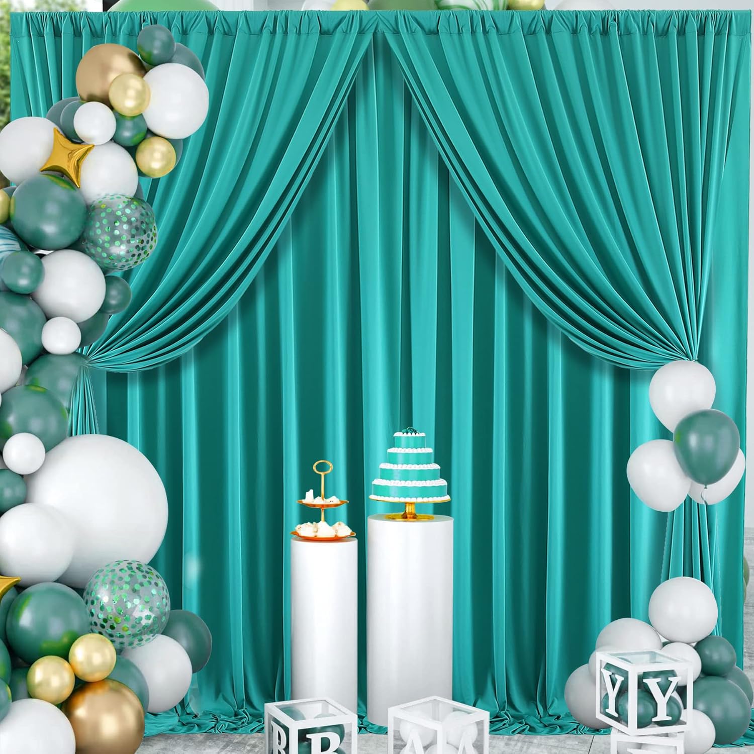 Cortinas de fondo turquesa sin arrugas, de 10 x 10 pies, cortinas de fondo de poliéster turquesa, decoraciones de fondo para fiesta