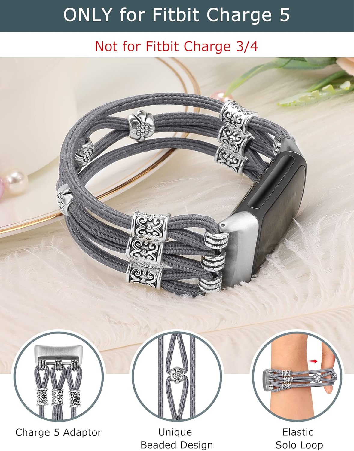 W-RARA Pulsera de cuentas compatible con Fitbit Charge 5 bandas para mujeres y hombres, hecha a mano, estilo bohemio, hippie, correa de nailon