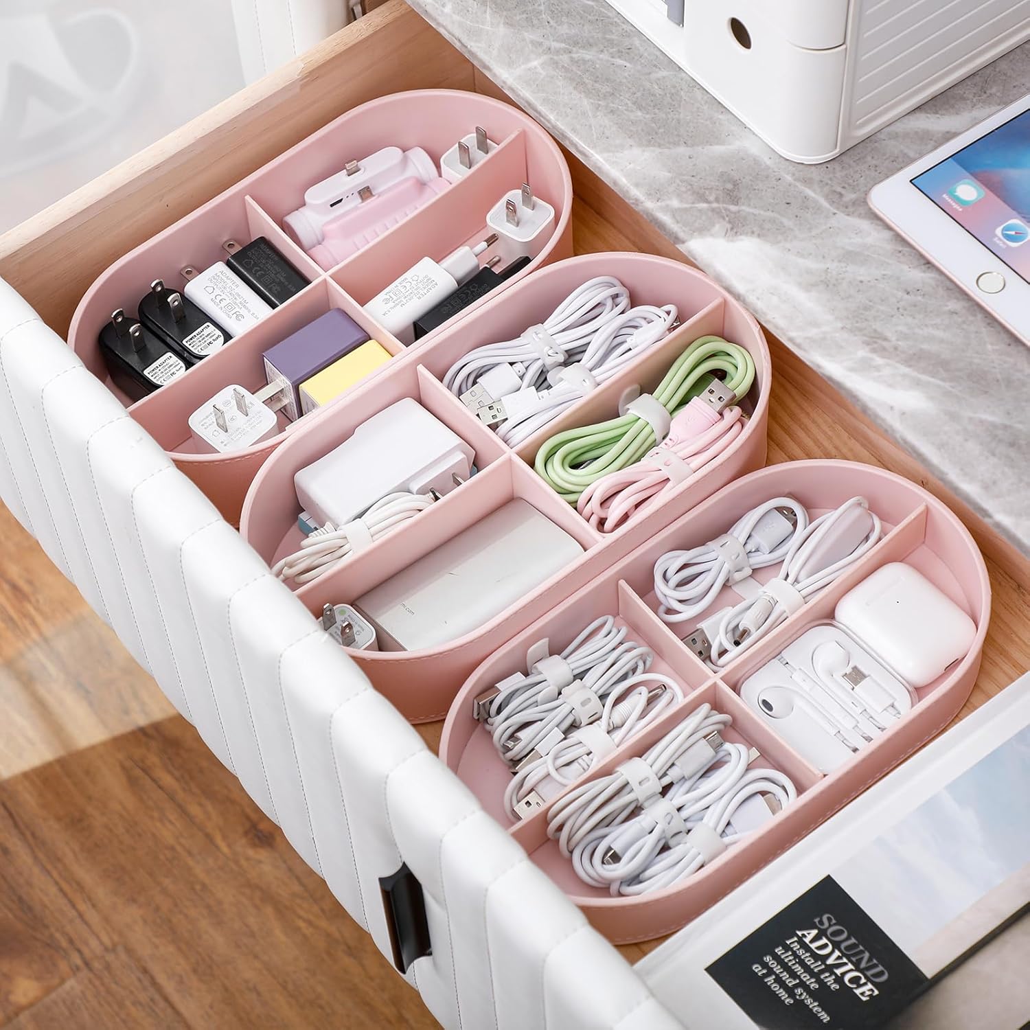 Yesesion Organizador de cables con 2 bandejas grandes y 1 pequeña, caja de gestión de cables de plástico con 20 bridas de alambre, bandeja de cajón