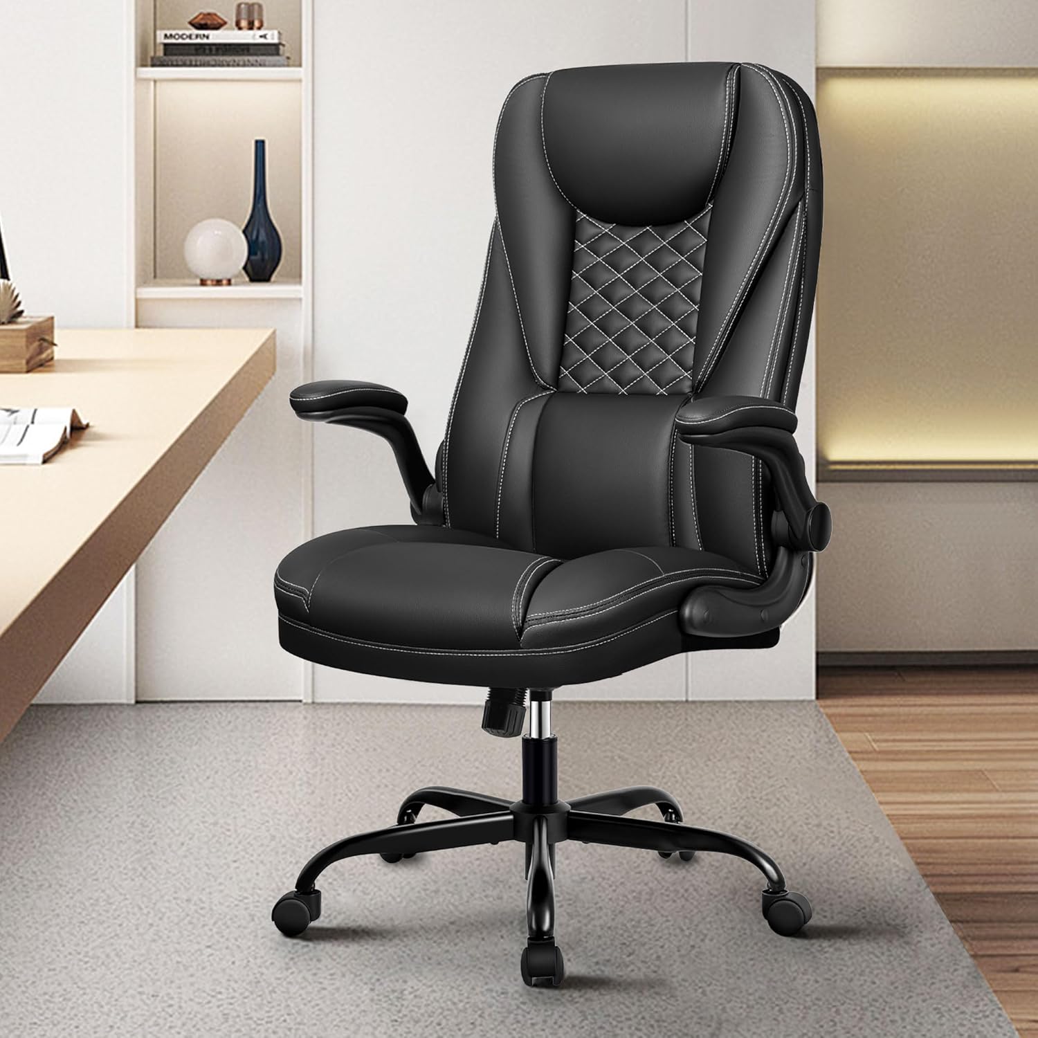 Guessky Silla de oficina, silla de oficina grande y alta, silla de oficina ejecutiva, silla ergonómica de cuero con soporte lumbar, sillas de
