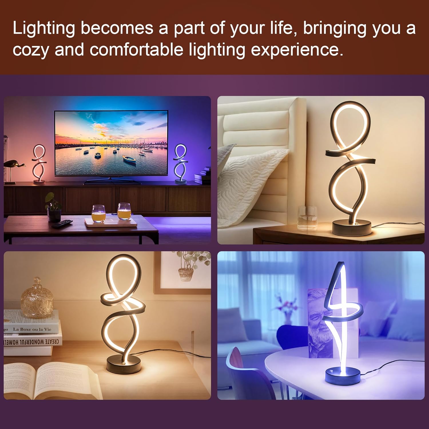 Lámpara de mesa moderna, lámpara LED en espiral, lámpara de mesa RGB, lámpara de noche negra con 7 colores, 10 modos de luz, lámpara de mesita de