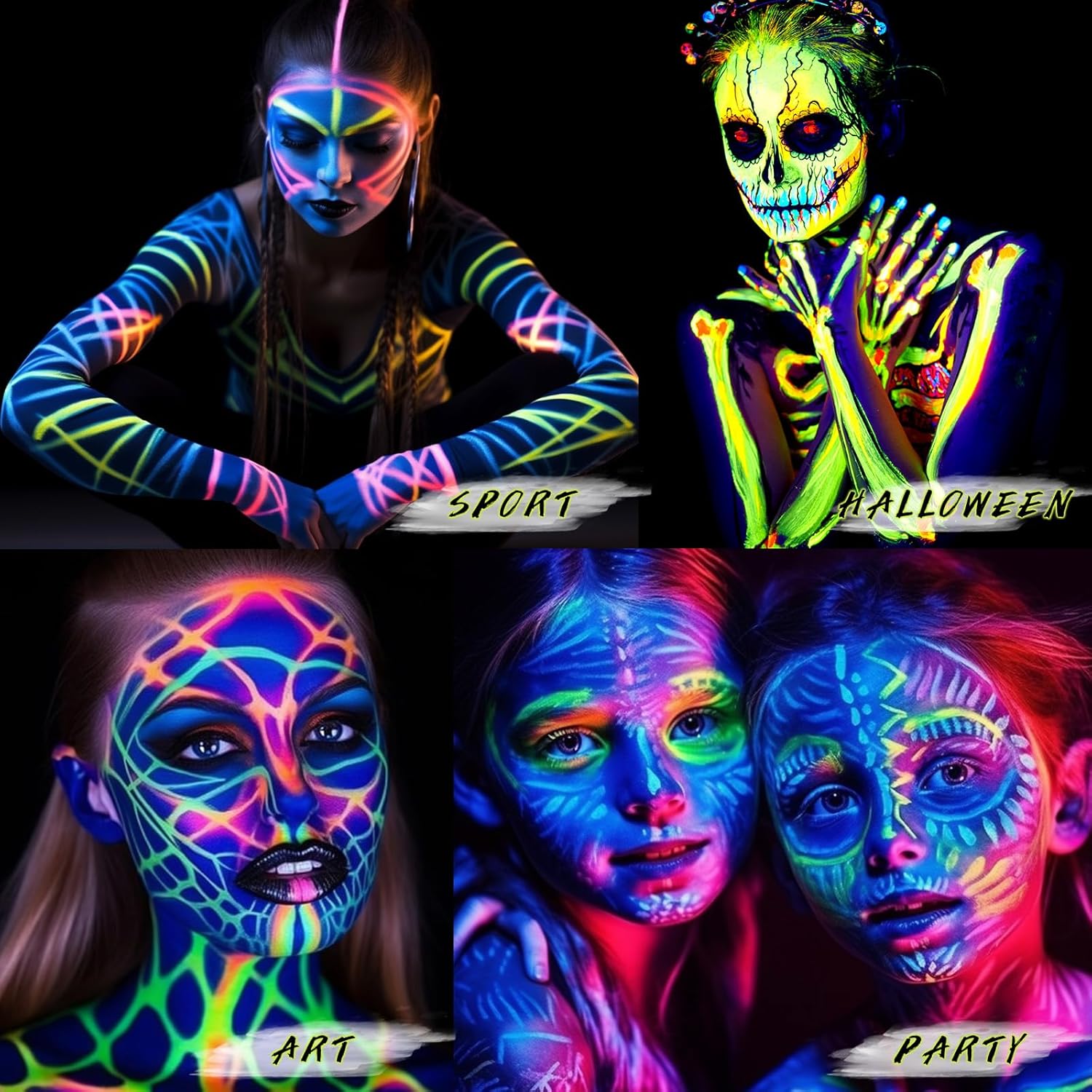BOBISUKA Pintura facial verde neón en barra a base de agua que brilla en la luz UV, kit de pintura facial para ojos, palos negros para deportes,