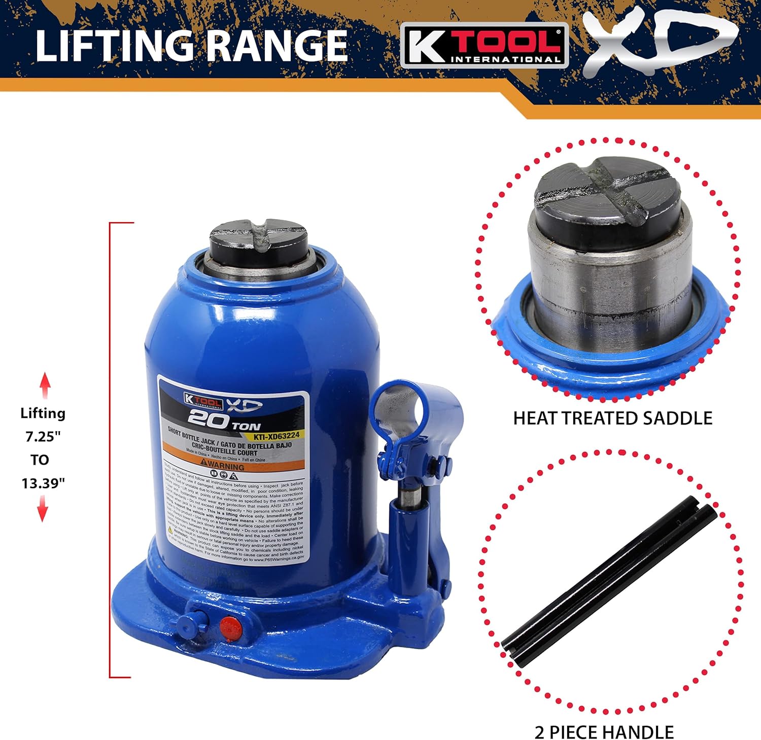 K Tool International XD63224 Gato hidráulico corto de 20 toneladas para garajes, talleres de reparación y bricolaje, capacidad de 44,000 libras,