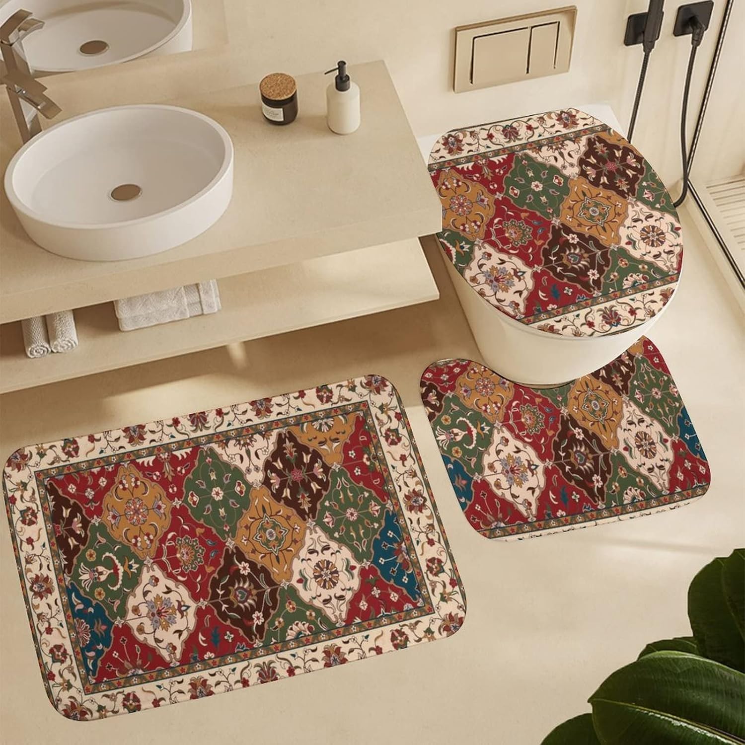 Juego de tapetes de baño de 3 piezas, diseño tribal persa, suave, cómodo, antideslizante, más fácil de secar para tapetes de piso de 15.7 x 23.6