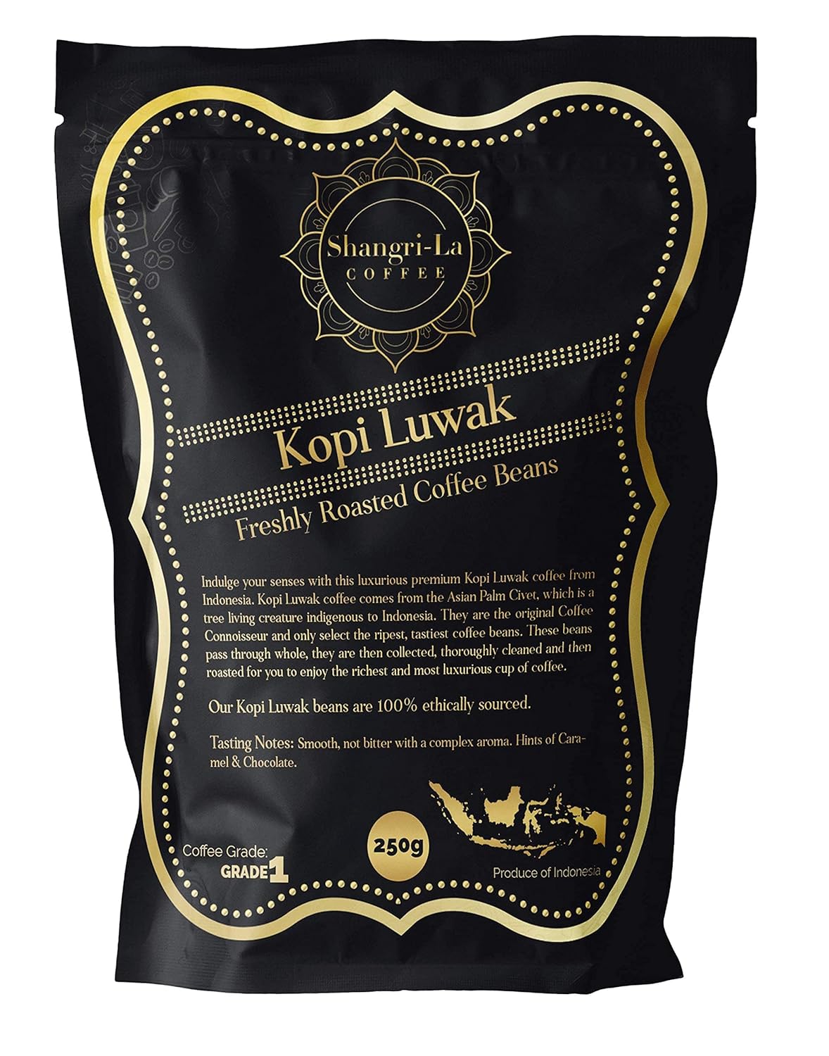 Shangri-La Coffee – Café Wild Kopi Luwak – De origen sostenible (de Indonesia) – Granos enteros y granos molidos en varios pesos disponibles