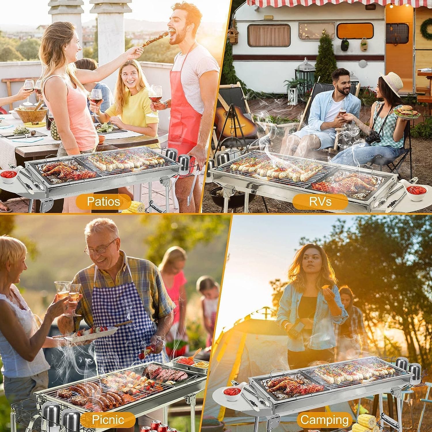 TeqHome Parrilla de carbón portátil, plegable y mejorada, parrilla de carbón grande con estante de tablero y cesta de almacenamiento de sabor, marco