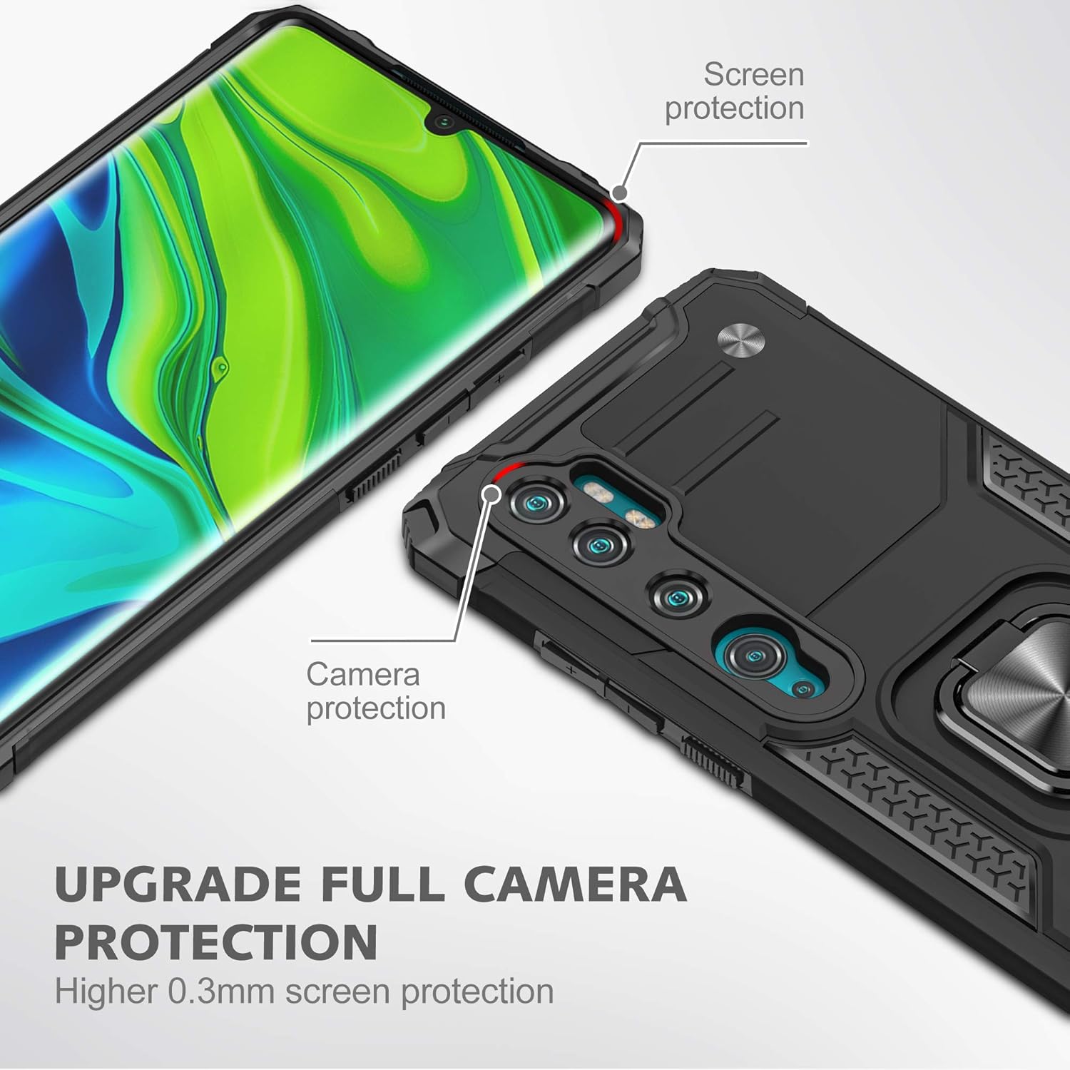 Asuwish Funda de teléfono para Xiaomi Mi Note 10Note10ProCC9 Pro con cubierta protectora de pantalla de vidrio templado y soporte de anillo delgado