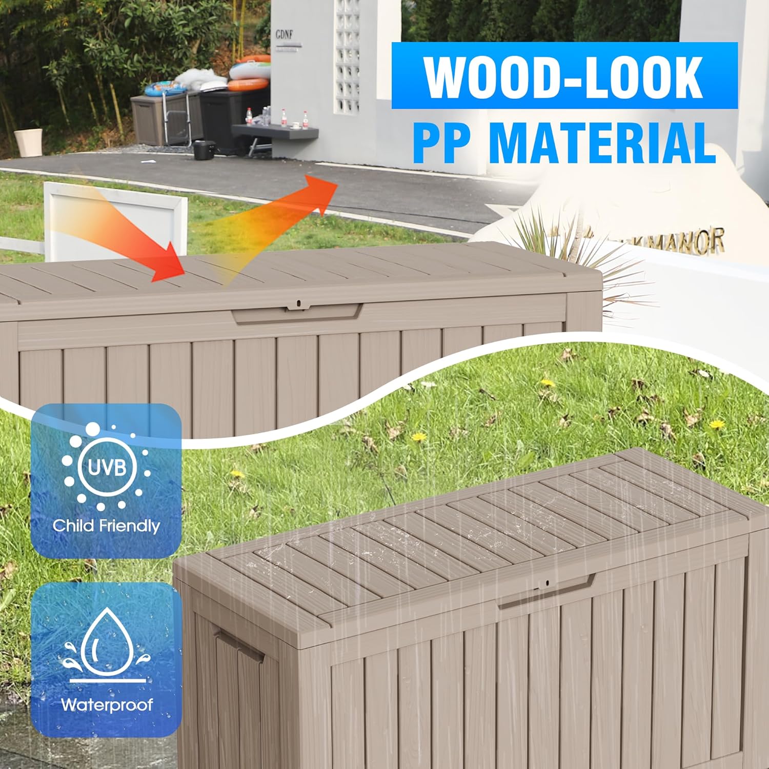 Caja de almacenamiento para exteriores de 80 galones, muebles de patio, herramientas de jardín, cojines, accesorios de piscina, caja de resina con