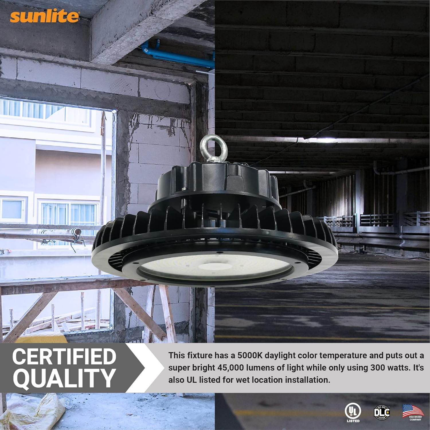 Sunlite 89688 LED comercial UFO High Bay Fixture, 300 vatios, 45000 lúmenes, 5000K Super White, 70 CRI, UL listado, negro, para almacenes, fábricas