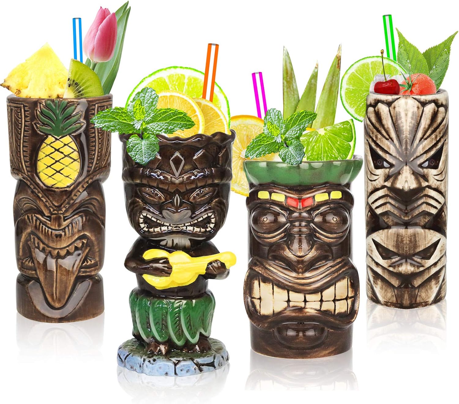 SuproBarware Tiki – Juego de 4 tazas de cerámica hawaiana para fiesta, tazas grandes para cócteles, tazas tropicales para fiestas exóticas, TJB02 (4