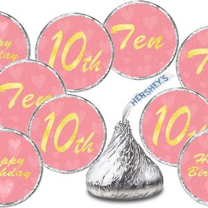 Calcomanías de besos de cumpleaños número 10, diez etiquetas de beso rosa para fiesta de cumpleaños de niña, decoraciones de mesa de gotas de Calcomanías de besos de cumpleaños número 10, diez etiquetas de beso rosa para fiesta de cumpleaños de niña, decoraciones de mesa de gotas de