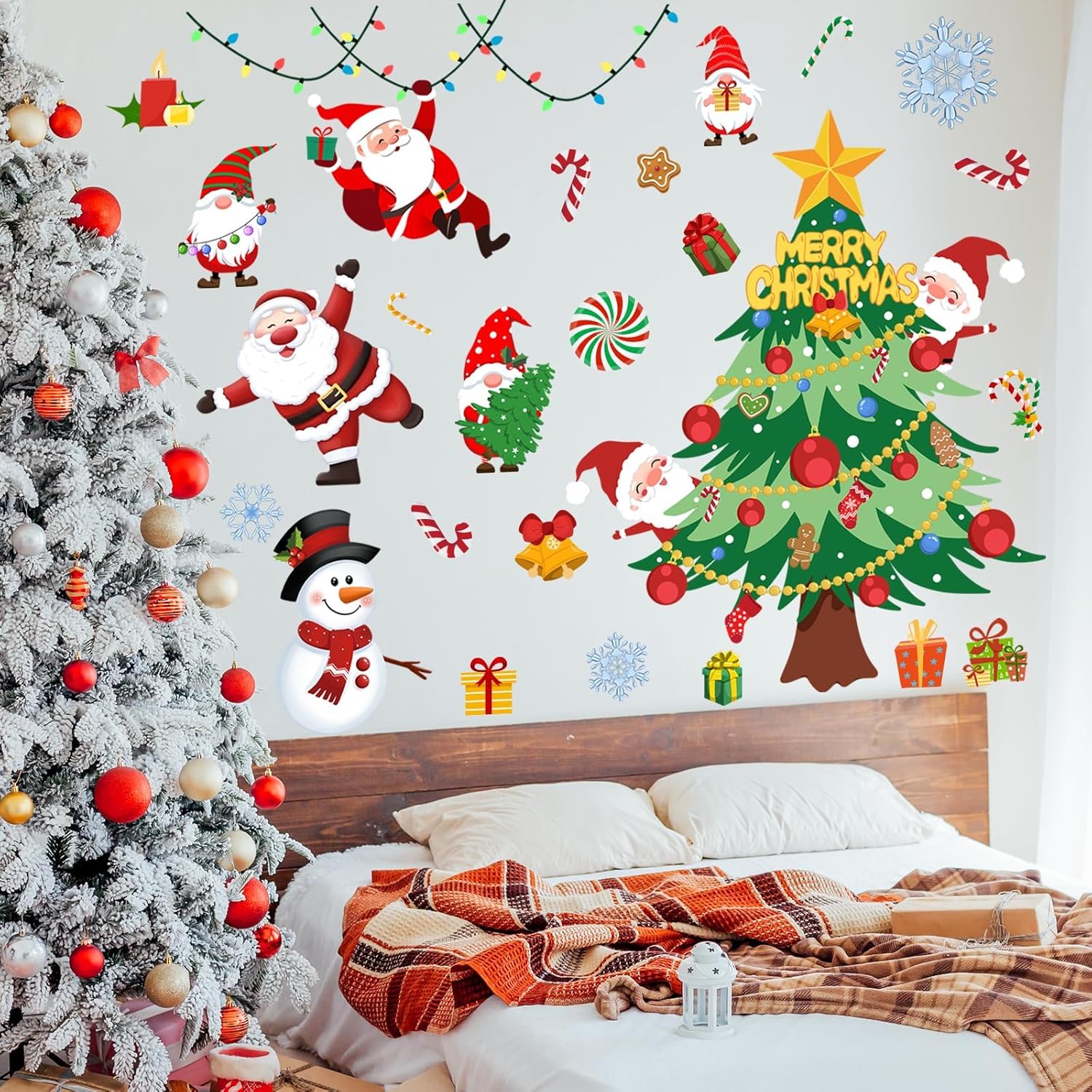 Calcomanía de pared de árbol de Navidad de 41.33 x 41.33 pulgadas, calcomanías de pared de Papá Noel de Navidad, muñecos de nieve, decoración de