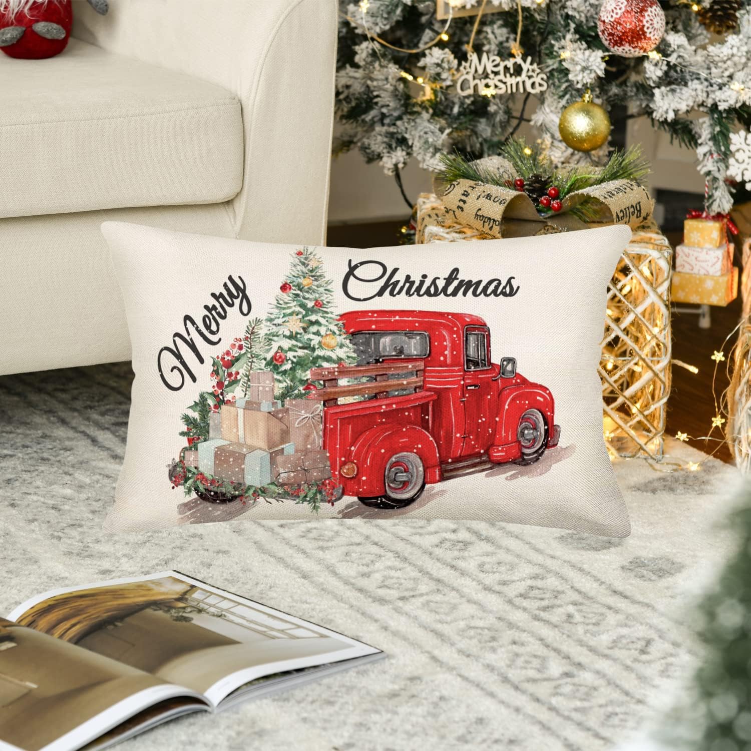 Funda de cojín decorativa de algodón y lino con diseño de camión rojo con árbol de Navidad, regalo de Feliz Navidad, 12 x 20 pulgadas, diseño de