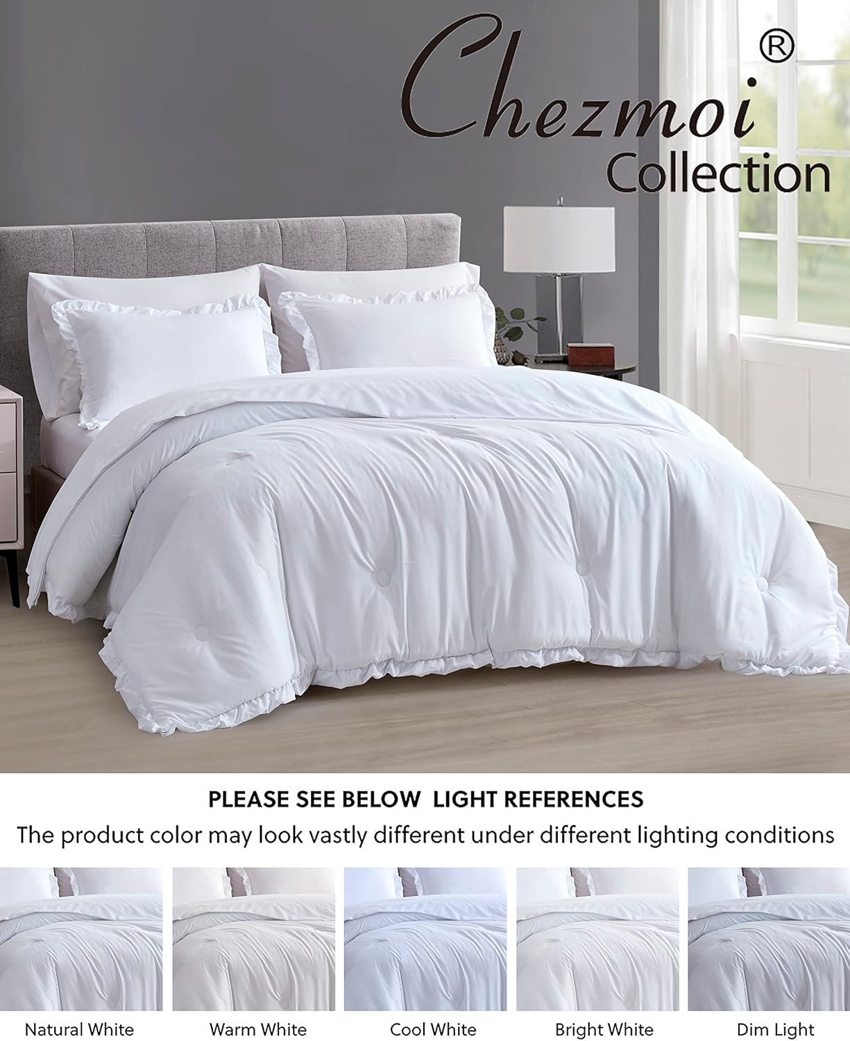 Chezmoi Collection Eleanora – Juego de cama Queen en una bolsa, 7 piezas con ribete de volantes, suave lavado, de microfibra de doble cepillado con