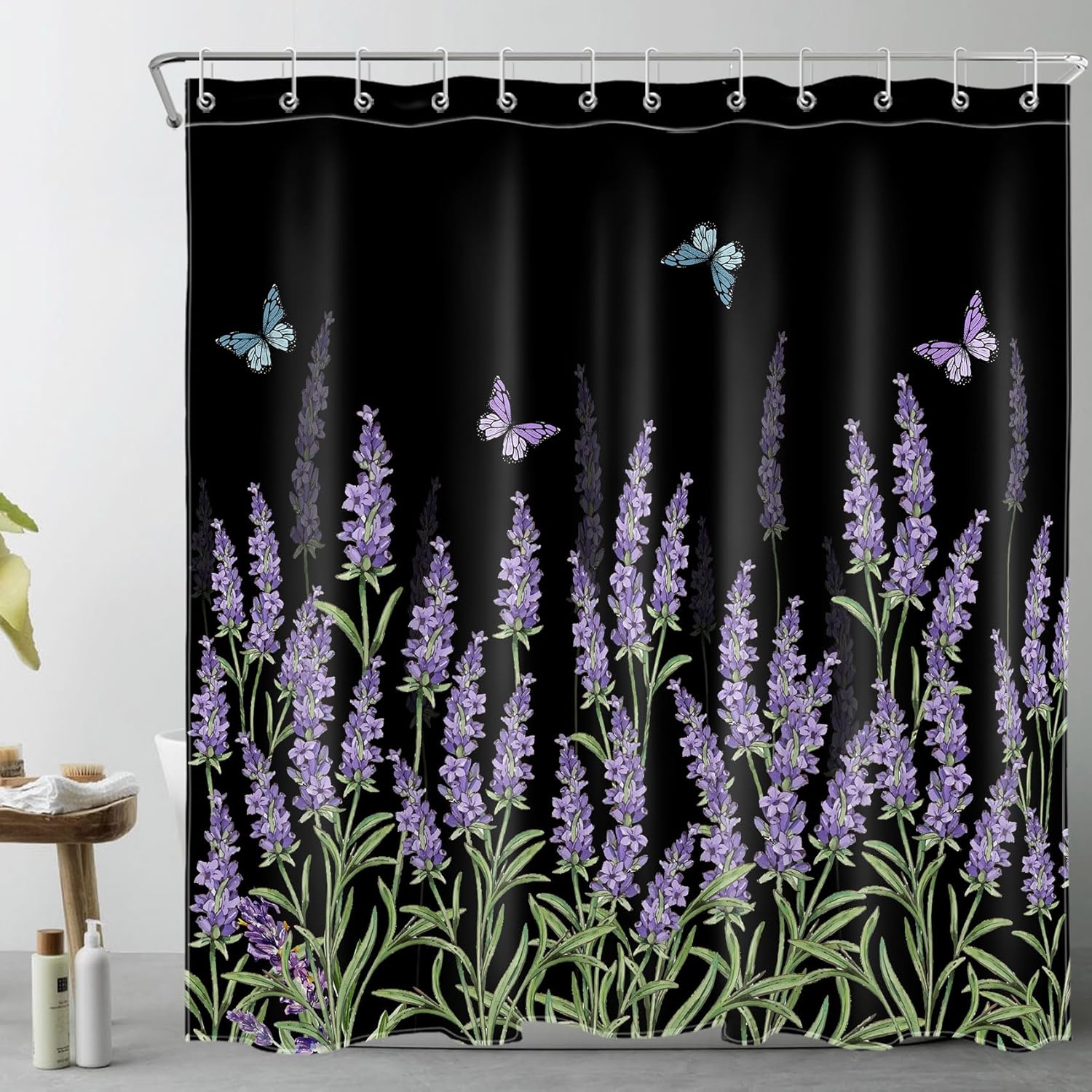 LB Butterfly and Floral Shower Curtain Sets with Rugs Lavender Flower with Green Leaves on Black Fabric Shower Curtain with Hooks Nature Botanical