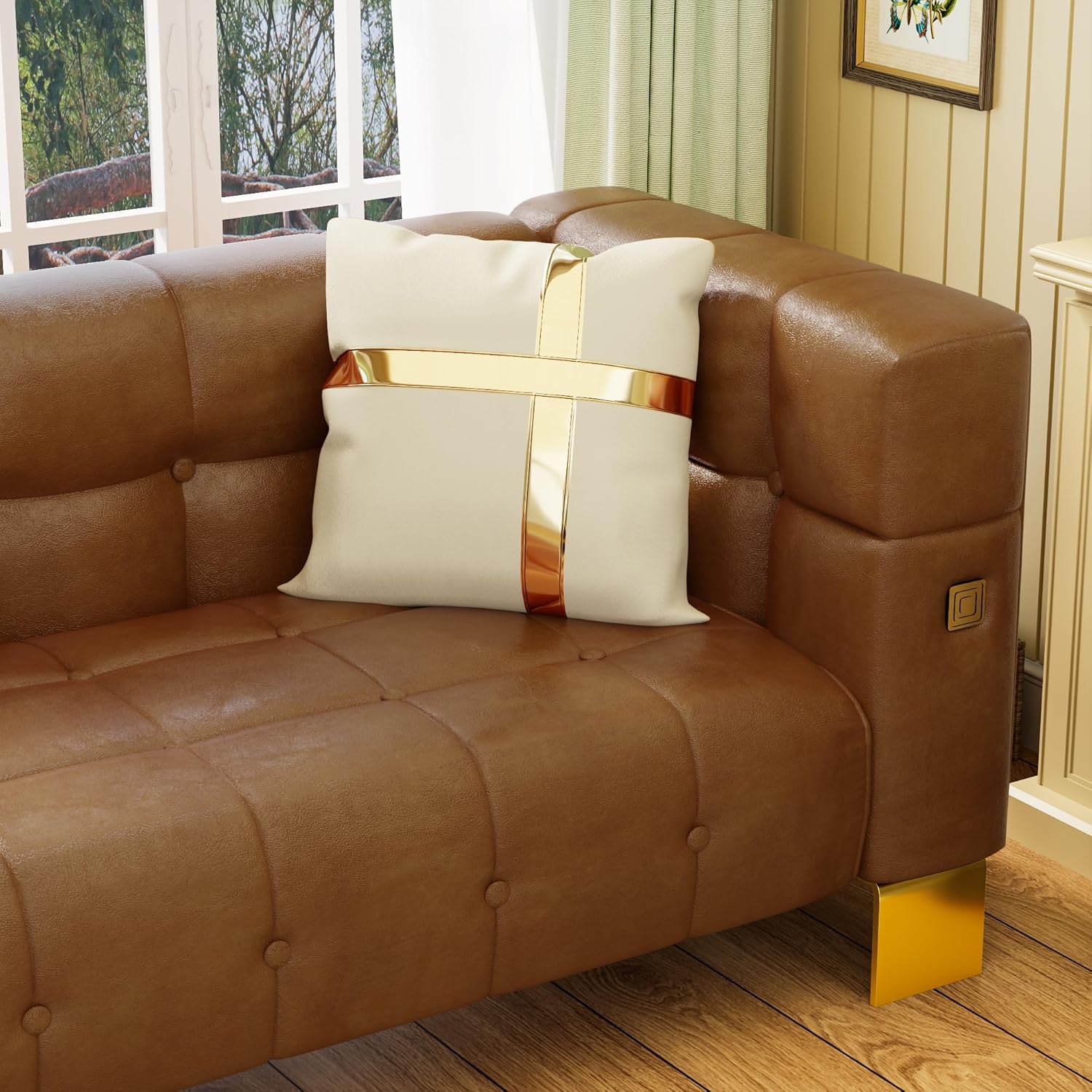 Sofá moderno de piel sintética con patas de metal dorado, sofá Chesterfield de poliuretano impermeable de 88.98 pulgadas, sofás copetudos de lujo