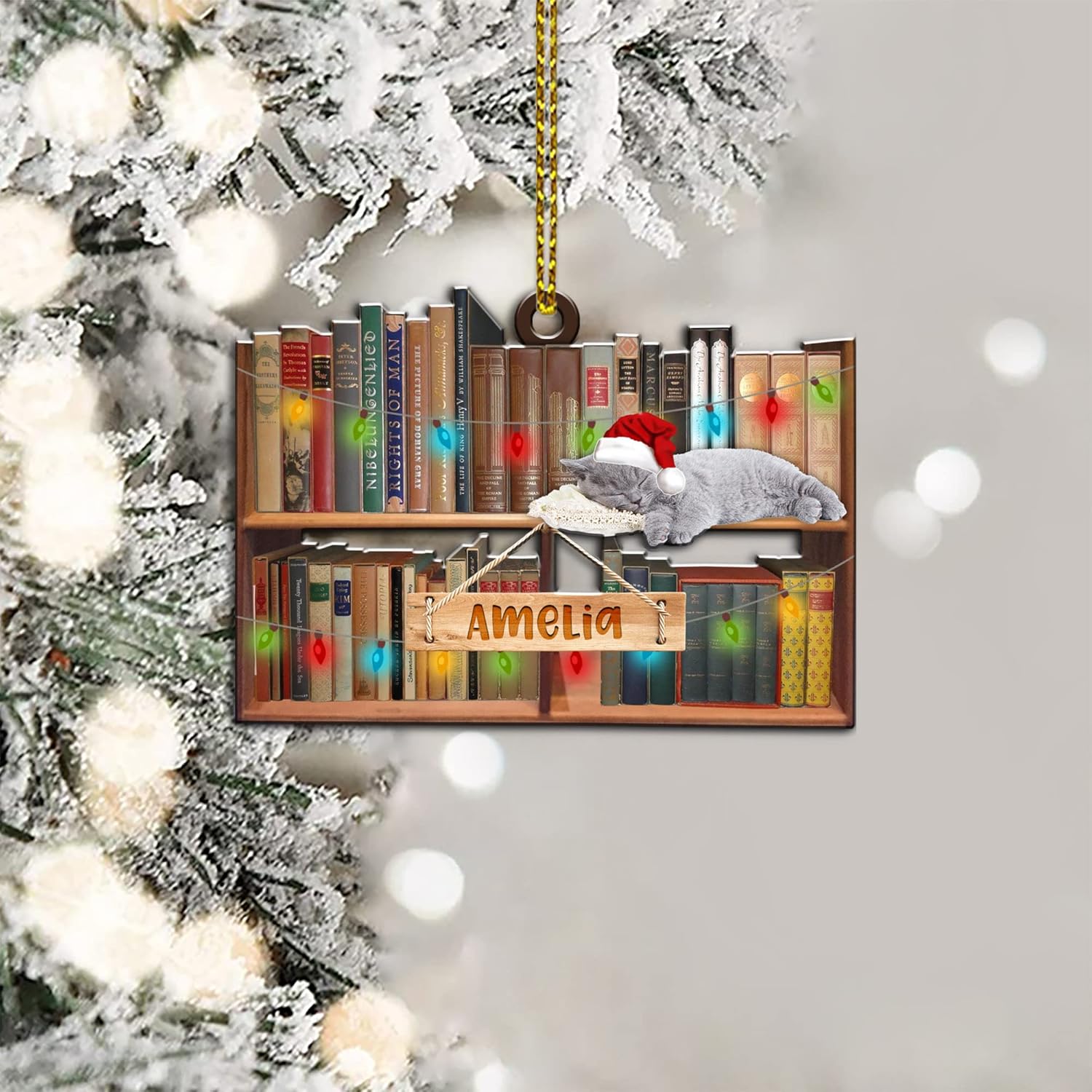 Adorno de Navidad personalizado para amantes de los libros, adorno de gato y pila de libros, adorno de Navidad de libro de lectura, regalo para su