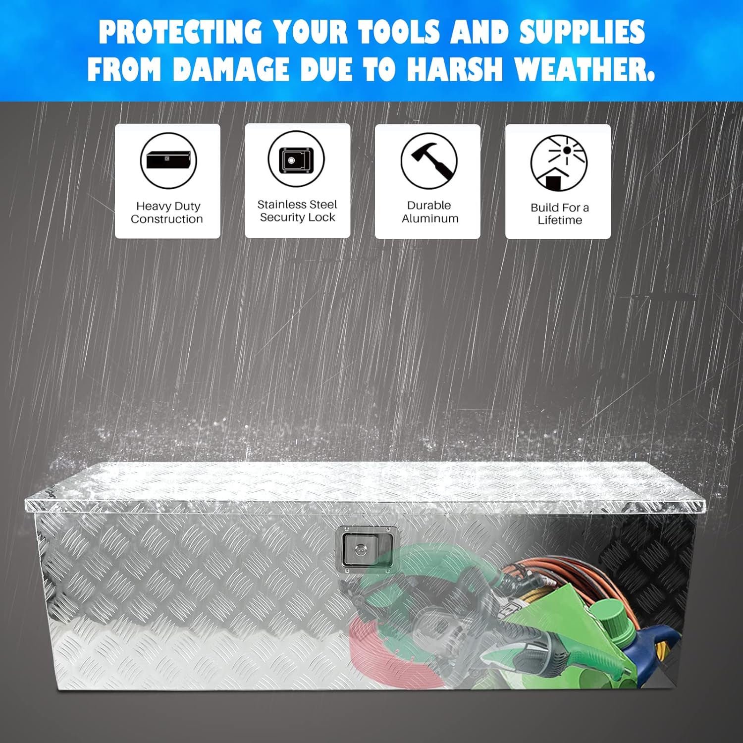 Caja de herramientas de aluminio plateado de 49 x 15 x 15 pulgadas, caja de herramientas con cerradura y llave, banda de rodadura de 5 barras