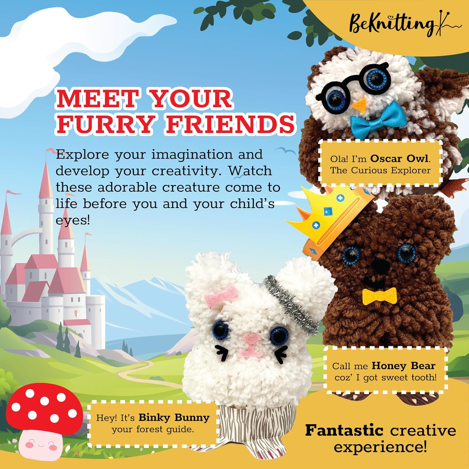 BeKnitting Kit de manualidades para hacer pompones para niños, completo con hilo, fabricantes de pompones y calcomanías