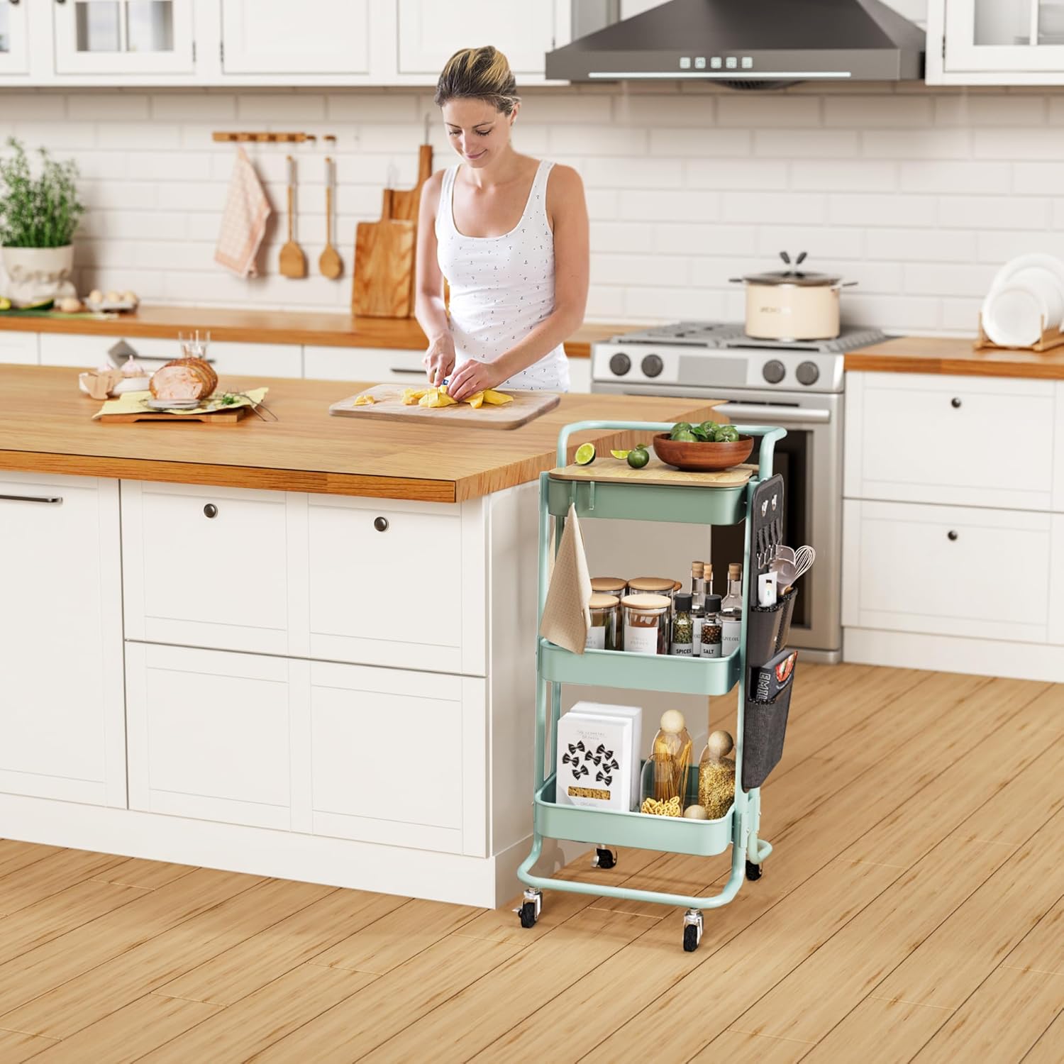 DTK Carrito de metal de 3 niveles con mesa y bolsas laterales, carrito organizador de almacenamiento de bandeja de metal con ruedas, carrito de