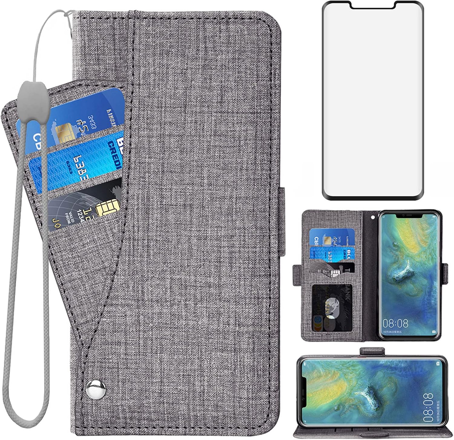 Asuwish Funda para teléfono Huawei Mate 20 Pro con protector de pantalla de vidrio templado y correa para la muñeca, soporte para tarjeta de