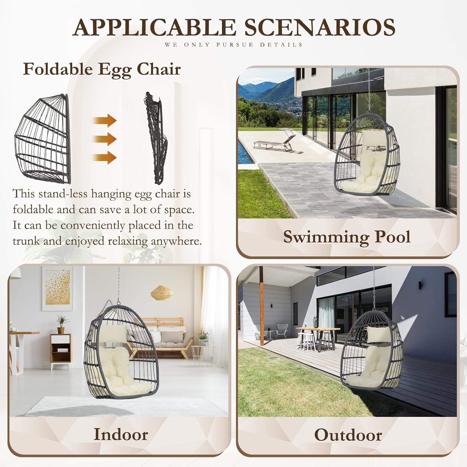 Brafab Silla colgante con forma de huevo sin soporte, silla hamaca plegable de mimbre con marco de acero galvanizado, cojínreposacabezas, capacidad