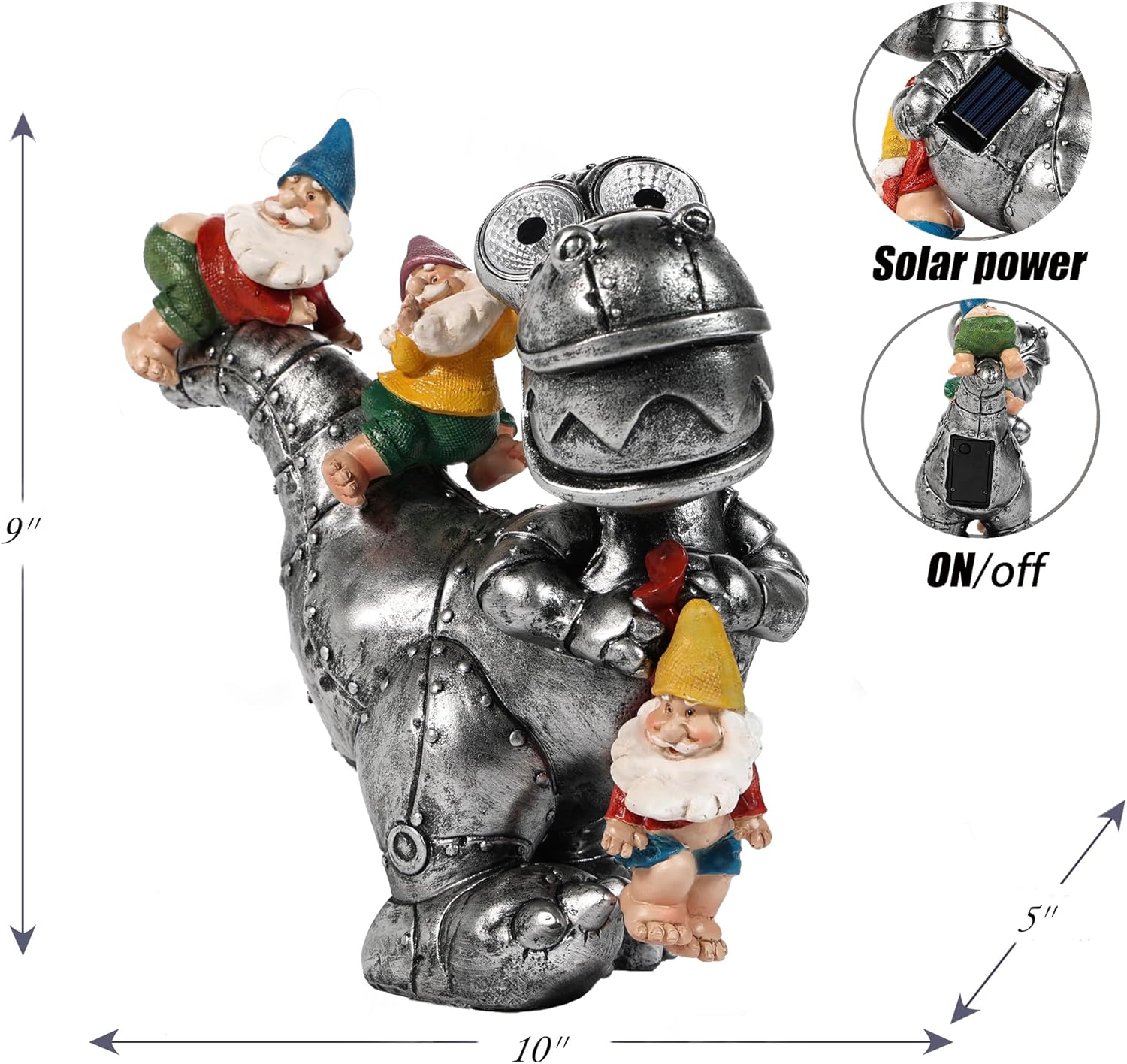 UDDDSR Estatua solar de gnomos de jardín para decoración al aire libre, divertidos gnomos montando dinosaurios, jardín, patio, césped, decoración de
