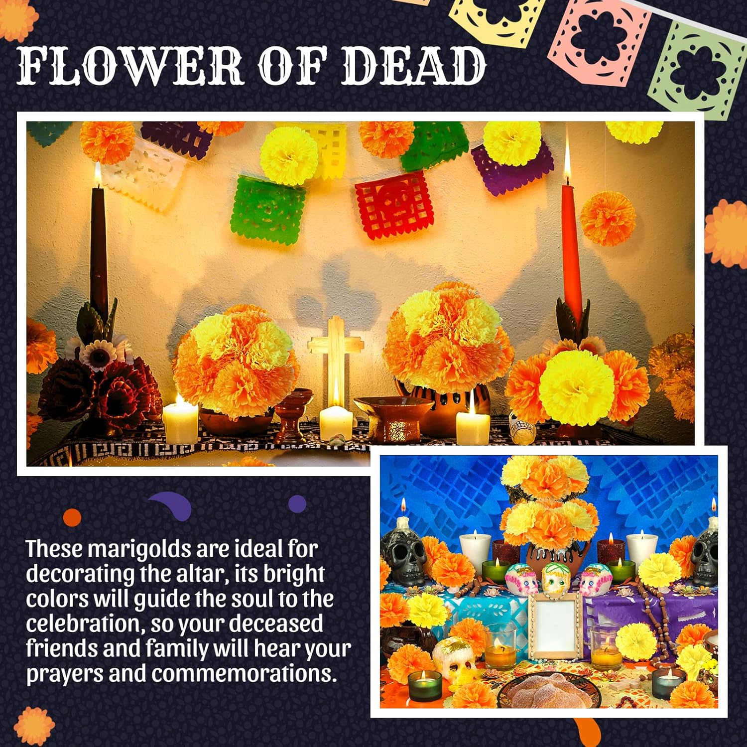100 flores artificiales de caléndula con tallos de 3.5 pulgadas, flor falsa de caléndula de seda para fiesta de Halloween, decoración de altar para