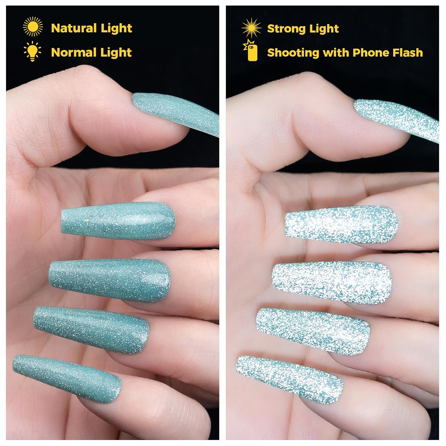 BURANO Esmalte de uñas de gel con purpurina reflectante, 0.3 onzas líquidas, gel de esmalte de uñas reflectante verde brillante, lámpara LED UV