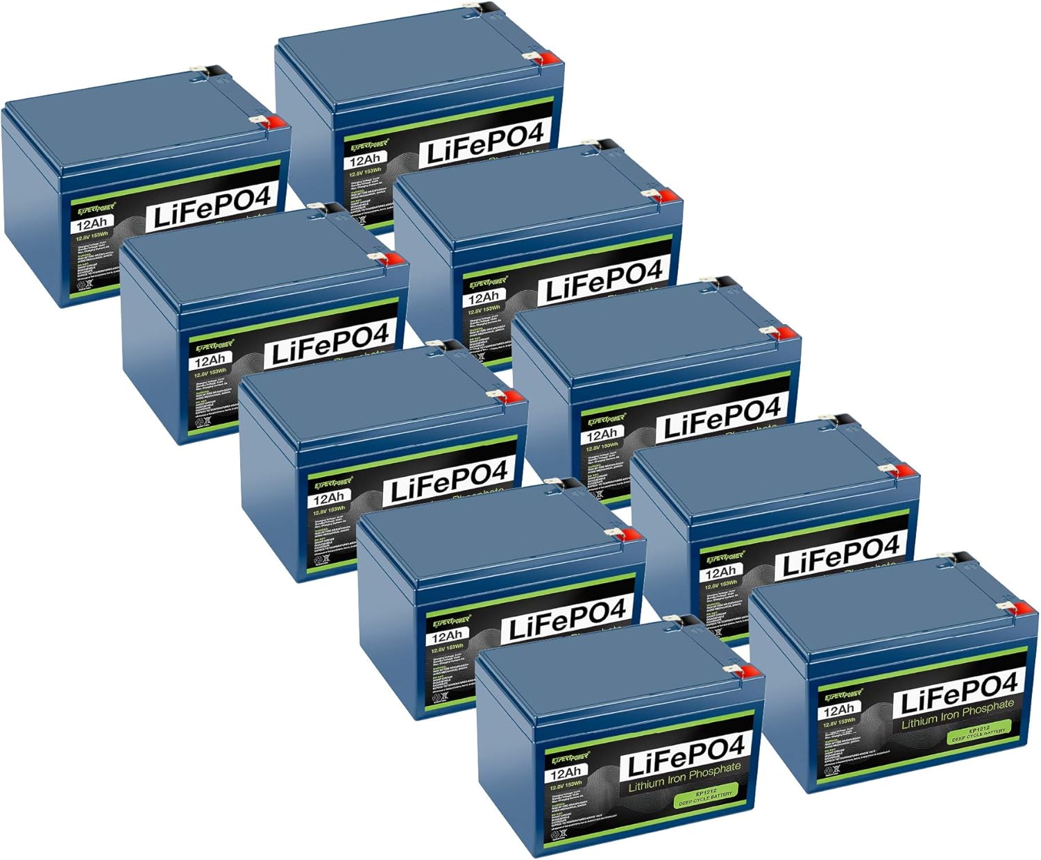 ExpertPower Paquete de 10 baterías recargables de ciclo profundo LiFePO4 de litio de 12 V 12 Ah  2500-7000 ciclos de vida y 10 años de vida útil