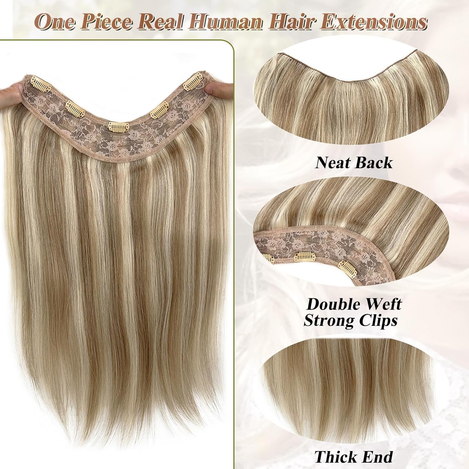 Extensiones de cabello humano real con clip, de una pieza, sin costuras, de color rubio beige a rubio platino, extensiones de cabello humano Remy de