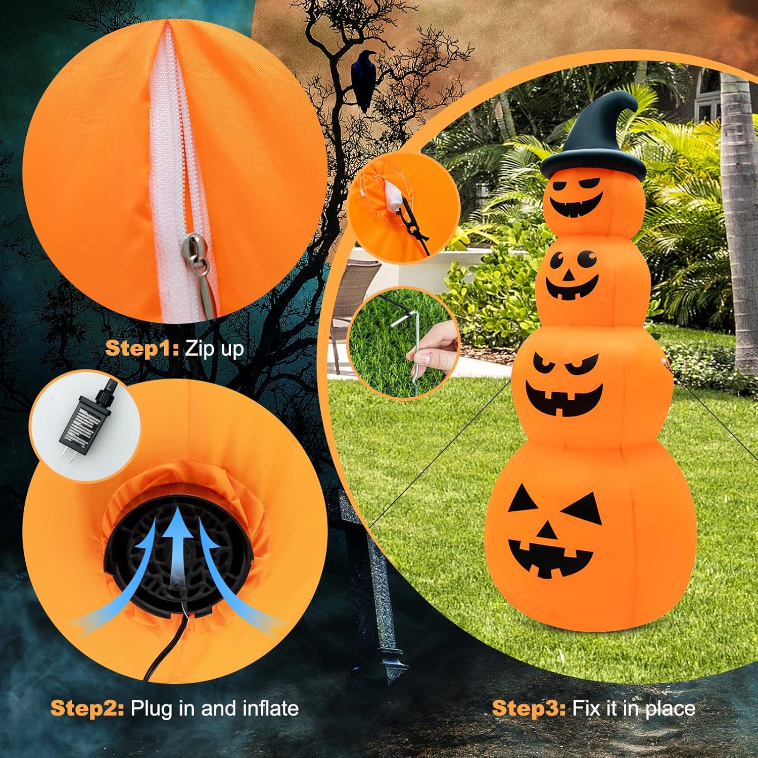 GOFLAME Calabazas inflables apiladas de Halloween de 8 pies con sombrero de bruja, decoración navideña inflable con luces LED integradas, soplador