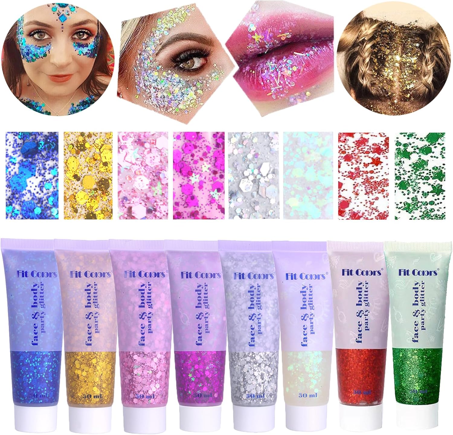Purpurina corporal dorada, gel de purpurina para conciertos de cantante, lentejuelas de sirena, pintura facial para ojos, cabello grueso, accesorios