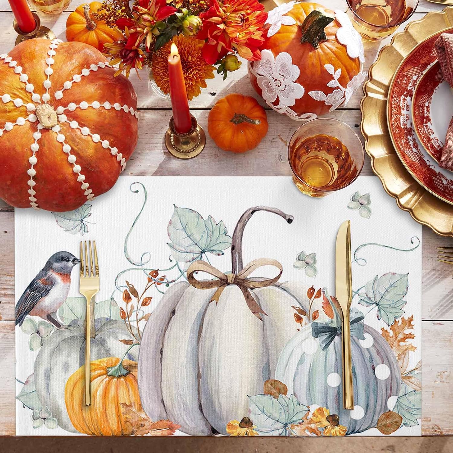 Juego de 6 manteles individuales de otoño, manteles individuales de calabaza blanca para decoración de mesa de comedor, manteles individuales de
