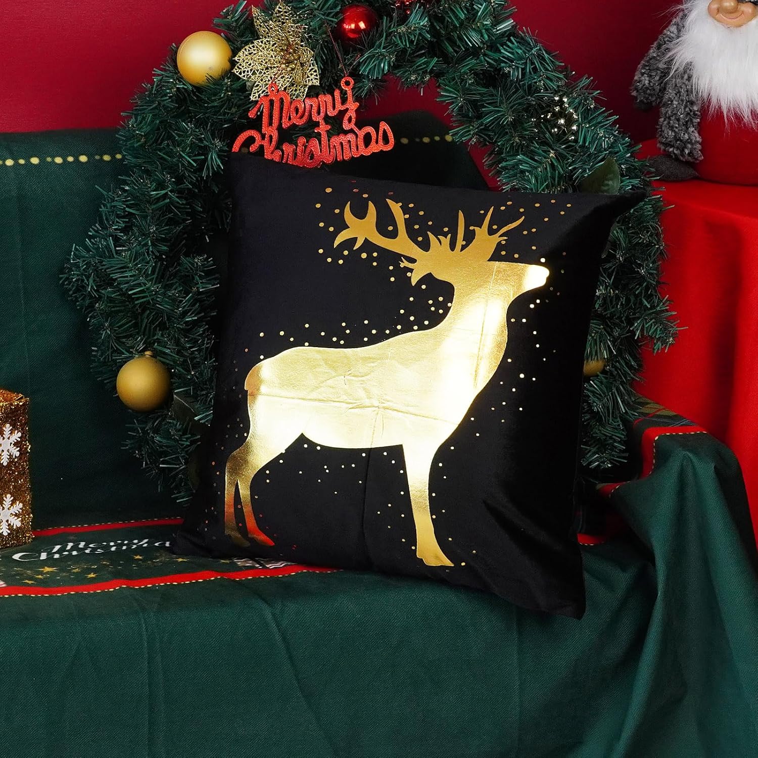 ONWAY Juego de 4 fundas de almohada decorativas de Navidad de 18 x 18 pulgadas, diseño de copos de nieve, renos, decoración dorada para sofá,