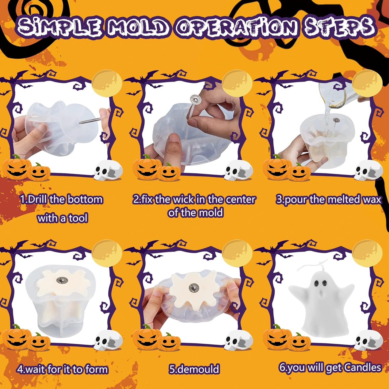 Moldes de vela de fantasma de Halloween para hacer velas, moldes de silicona en forma de fantasma 3D con mechas de vela, jabón de cera, molde de
