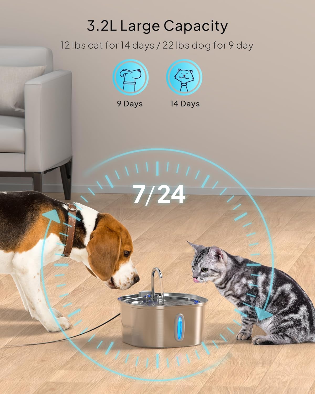 Fuente de agua para gatos  Fuente de agua para mascotas de acero inoxidable de 3.2L108 onzas para gatos en interiores, fuente de agua para perros