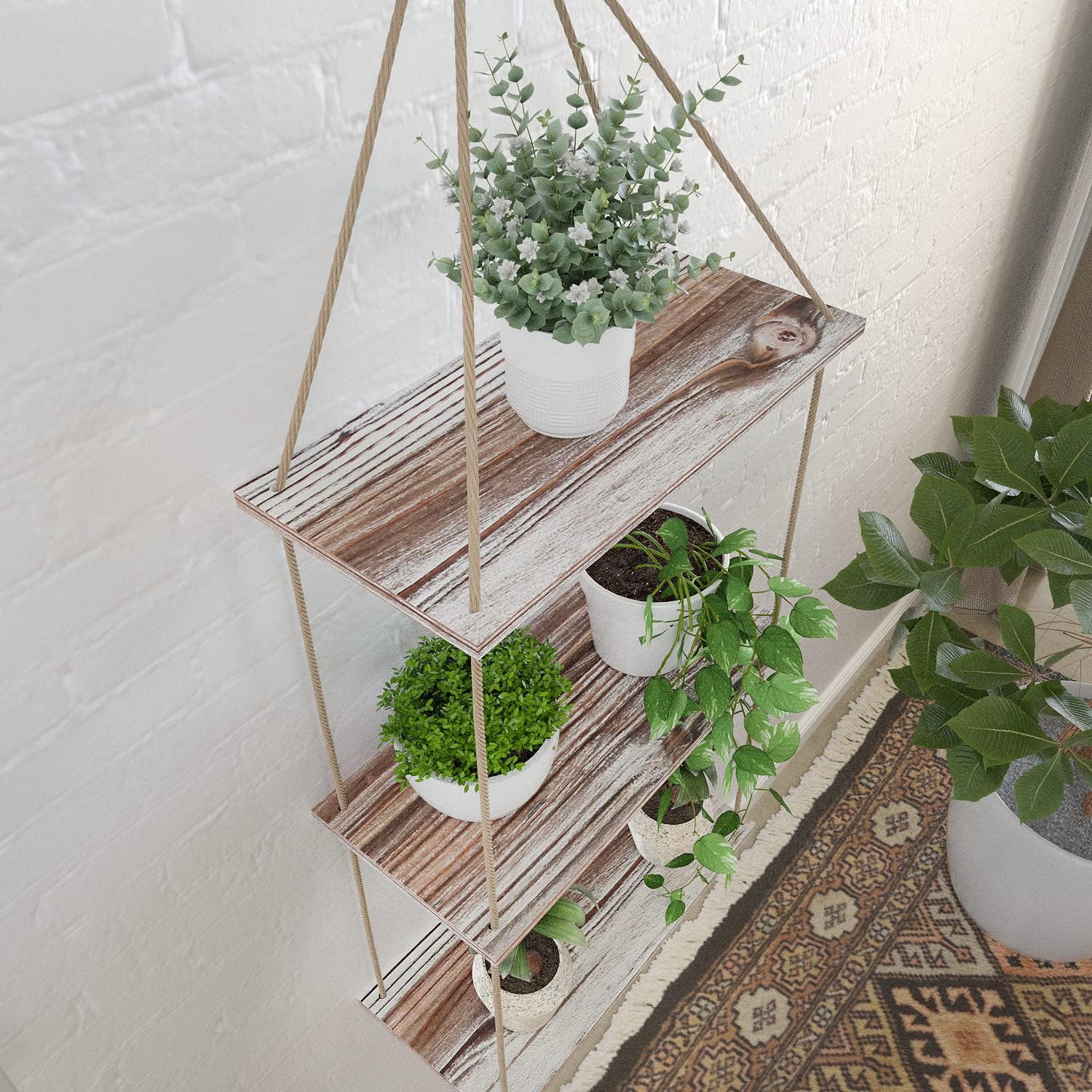 J JACKCUBE DESIGN MK555AAA – Juego de 3 estantes colgantes de madera rústica, decoración bohemia de habitación, estante de exhibición de cuerda